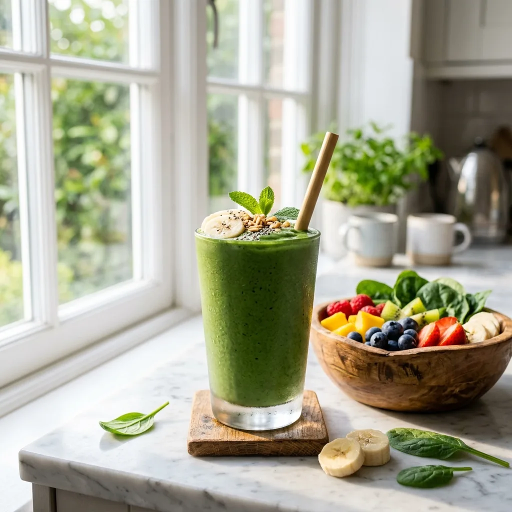 Green smoothie on kitchen counter 202605022237
