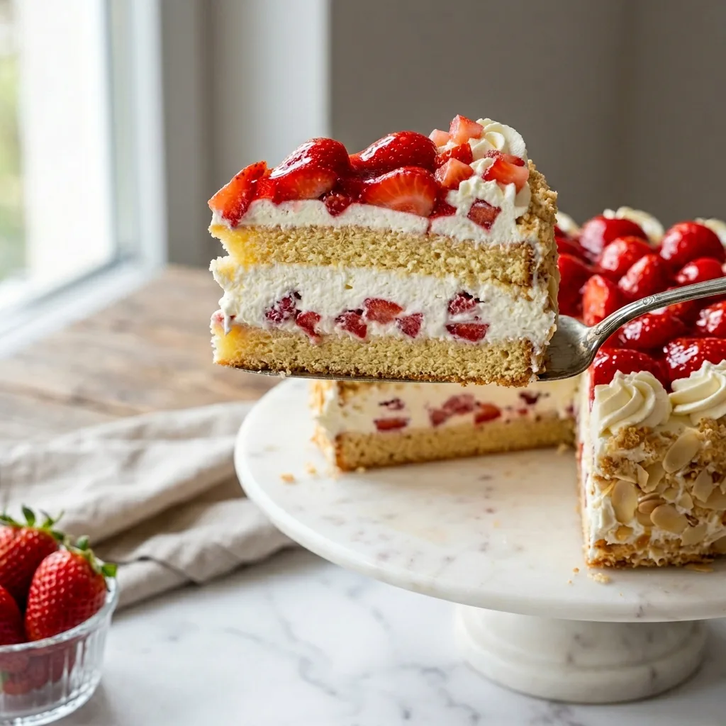 Strawberry cake slice on stand 202605050014